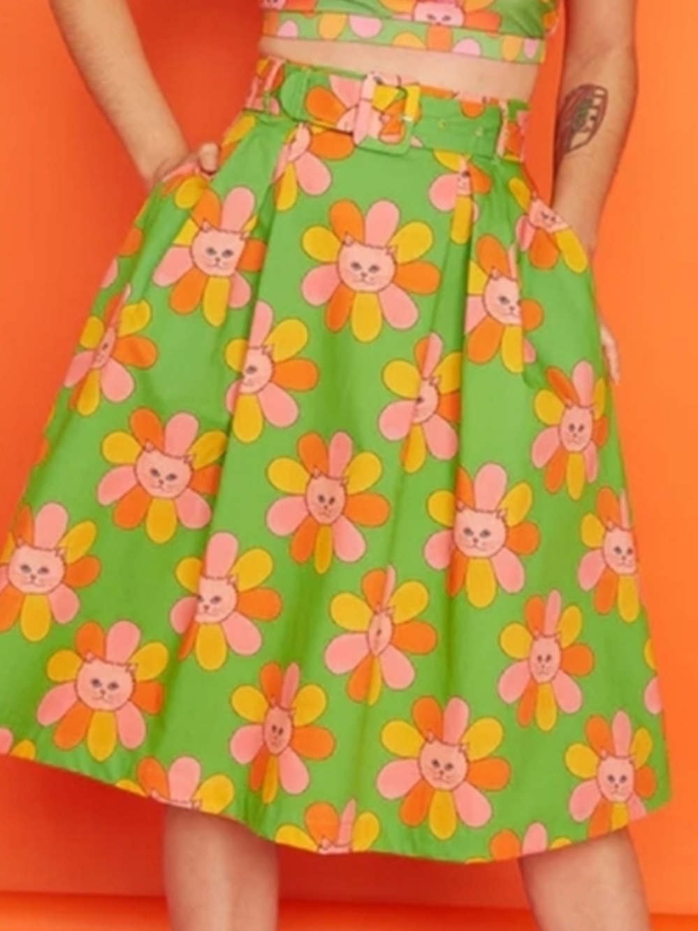 Modcloth Cat Flower Belted Skirt With Pockets